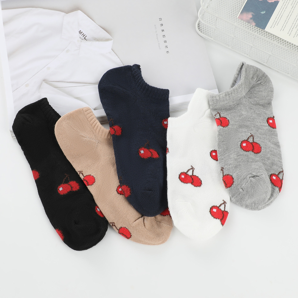 Breathable Cherry Pattern Ankle Socks Teen Girls Fashion Student Socks Fresh Cute Low Cut Casual Boat One Size Ankle