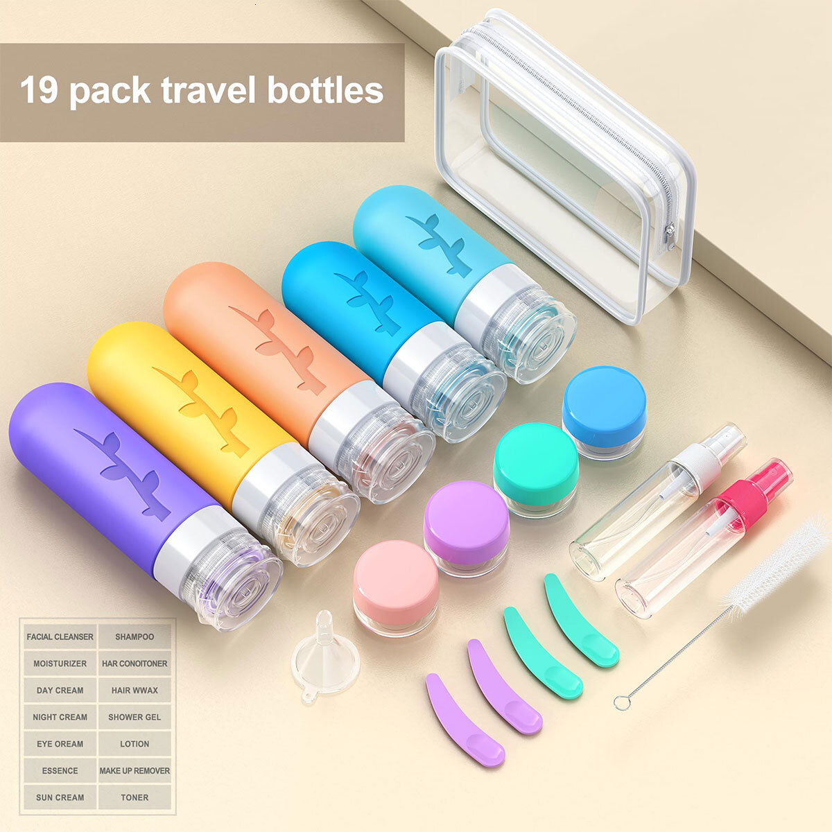 19 leak - proof, refillable silicone travel bottles. TSA - approved, ideal for toiletries like shampoo, conditioner, lotion,Silicone travel bottle