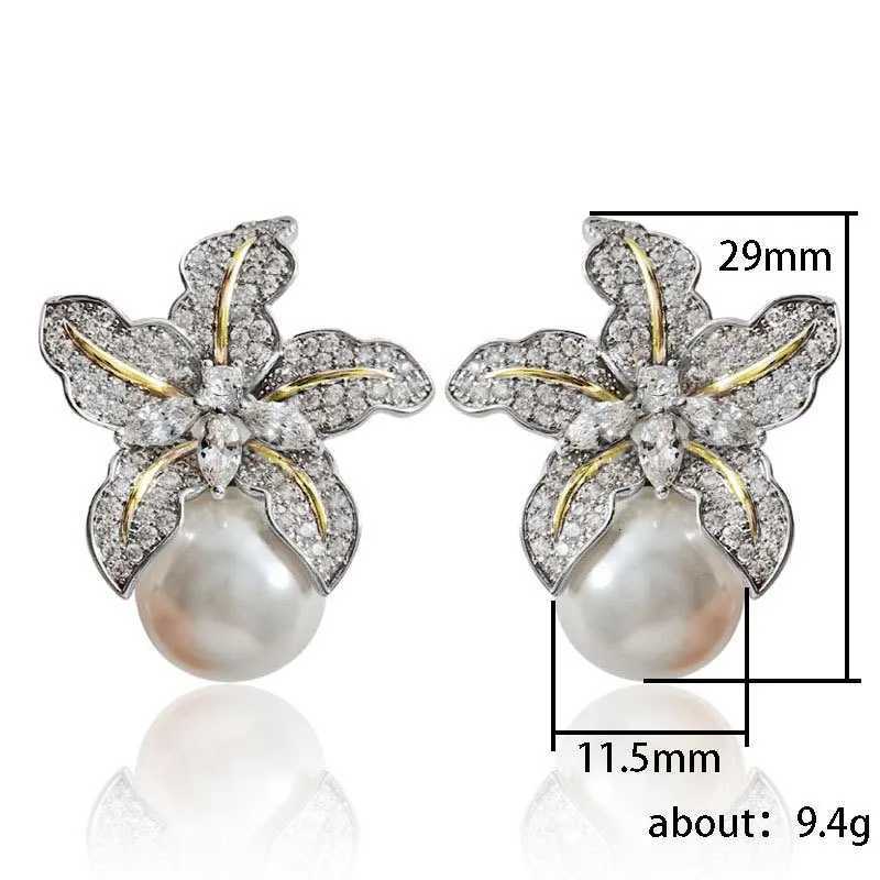 Fashion Silver Color Imitation Pearl Earrings For Women Luxury Sparkling Zircon Flower Temperament Earrings Wedding Jewelry Y250804