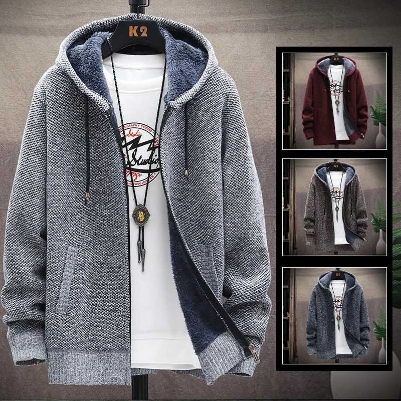 Autumn Winter Mens Sweaters Hooded Knit Cardigan Korean Sweaters Jacket Fleece Lined Hoodies Windbreaker Coat XJ250805
