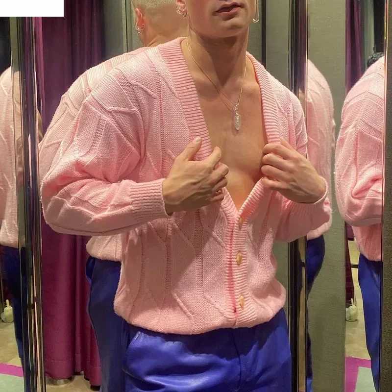 Sexy Deep V-Neck Pink Sweaters Men Fashion Loose Buttoned Long Sleeve Knit Cardigan Spring Trendy Streetwear Mens Knitwear XJ250805