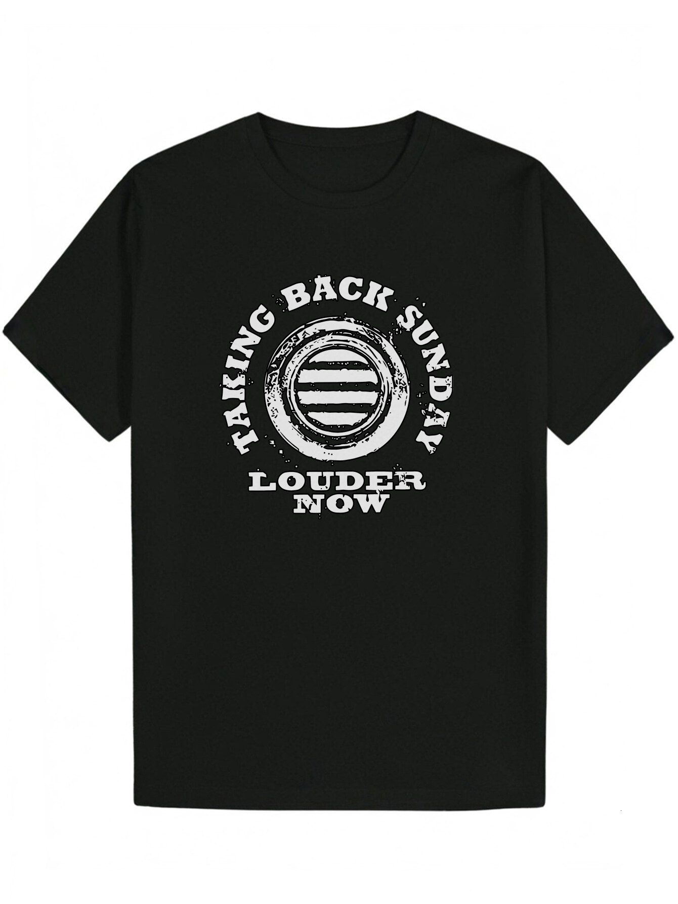 Men's Black Short Sleeve T-Shirt with Eye-Catching 'Take Back Sunday Louder Now' Graphic Print - Summer Breathable Polyester Crew Neck 