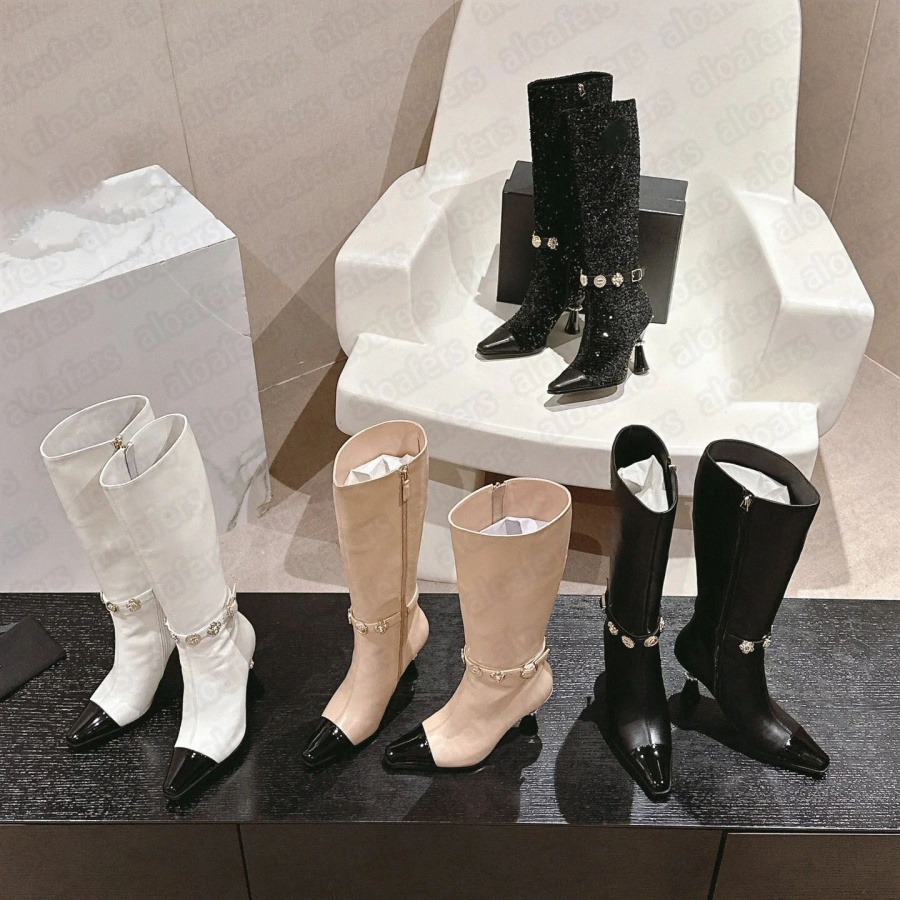boots designer womens rain boot booties Chain Rider Boots Round Toes knee-high riding women Winter Platform Black White Heeled High Knee Pink 91v2#