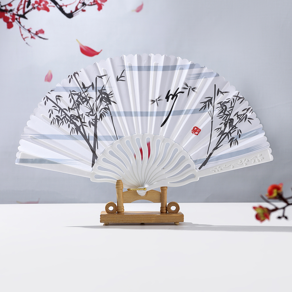 Handmade Chinese Folding Fan, Bamboo/Plum Blossom Motif, Retro Decor Fan for Home & Collection