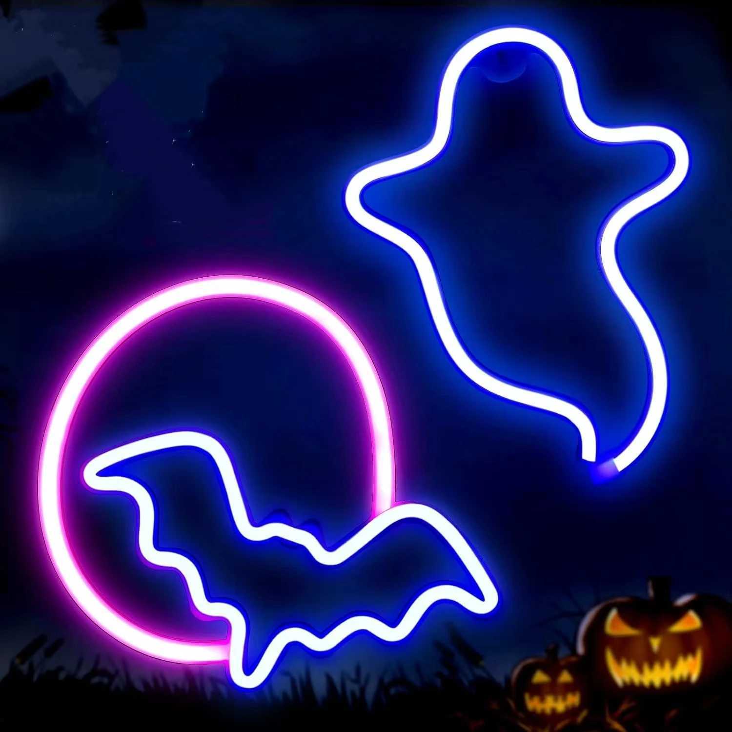2pcs Ghost Bat Neon Light Scene Atmosphere Light USB/Battery Powered Halloween Party Bedroom Home Decoration XJ250804