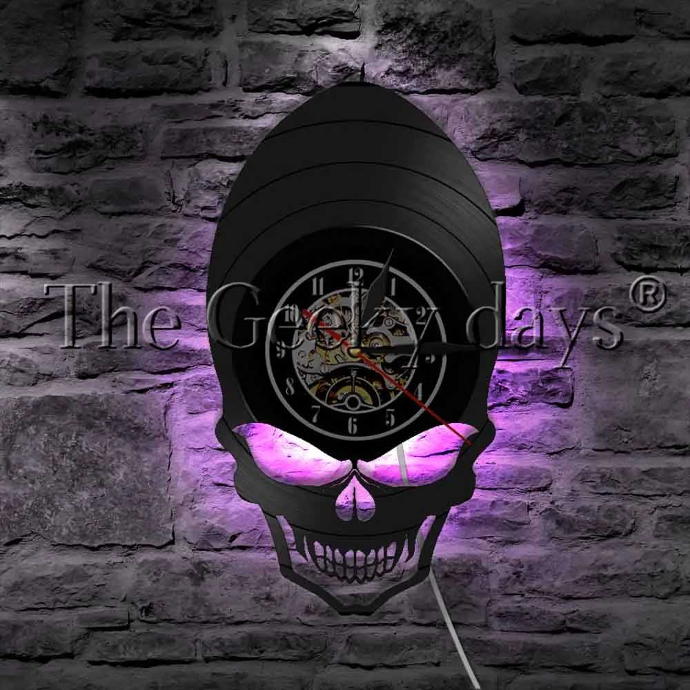Alien Skull Vinyl Record Wall Clock Hippie Skull Wide Cheekbones Eyes Skeleton LED Night Light Halloween Horror Decor XJ250804