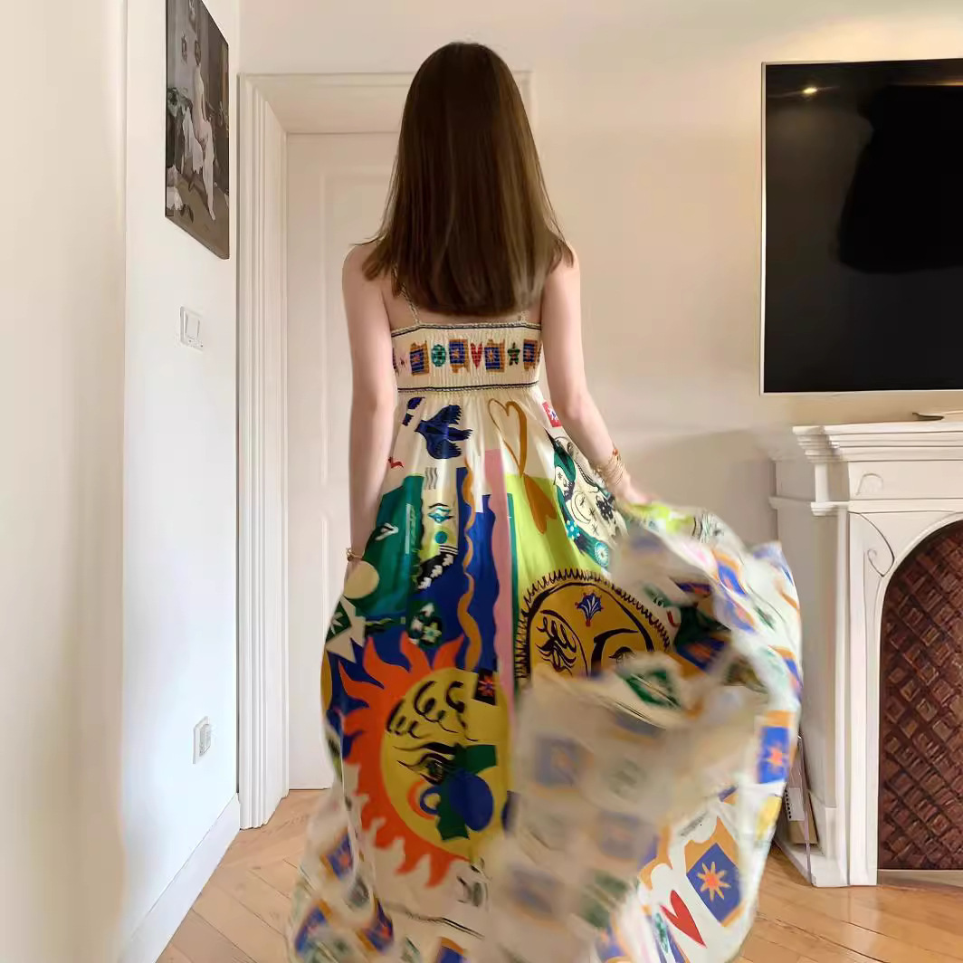 2025 Unique Graffiti Printed Lace up Dress for Women's Summer New Style Retro trend Vacation Ethnic Style Waist Beach Dress New Designer Dress