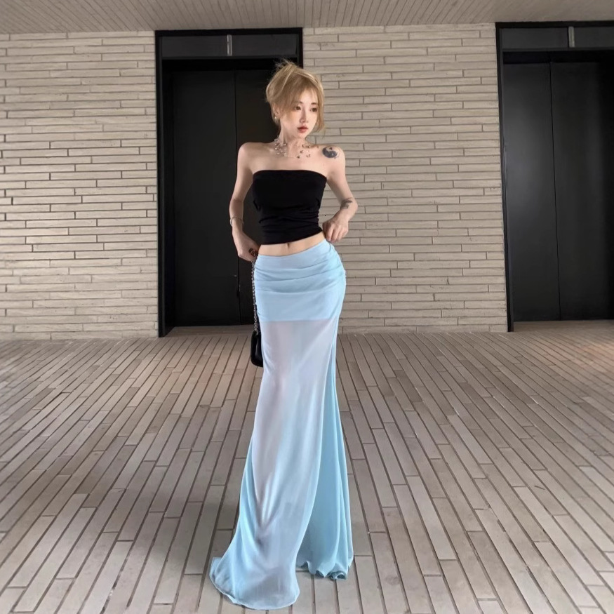 2025 black shorts sexy pure desire strapless slim fit chiffon mesh half skirt mermaid long skirt women's summer two-piece fashion set fashionable