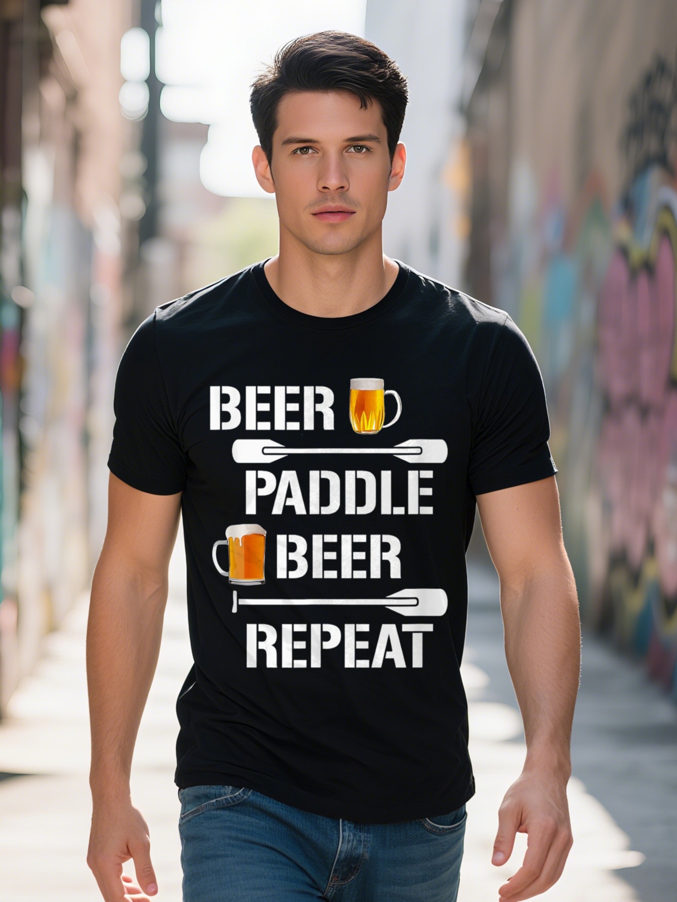 Funny Repeat Pattern - 220g 100% Cotton Casual Short Sleeve T-Shirt Cartoon Paddle Beer Mug Design, Machine Washable, Regular Fit for Men's Outdo