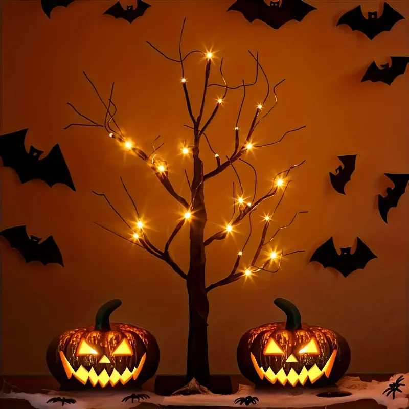 Halloween birch tree light orange purple 24 LED black branch tree string light USB/battery powered desktop holiday decoration XJ250804