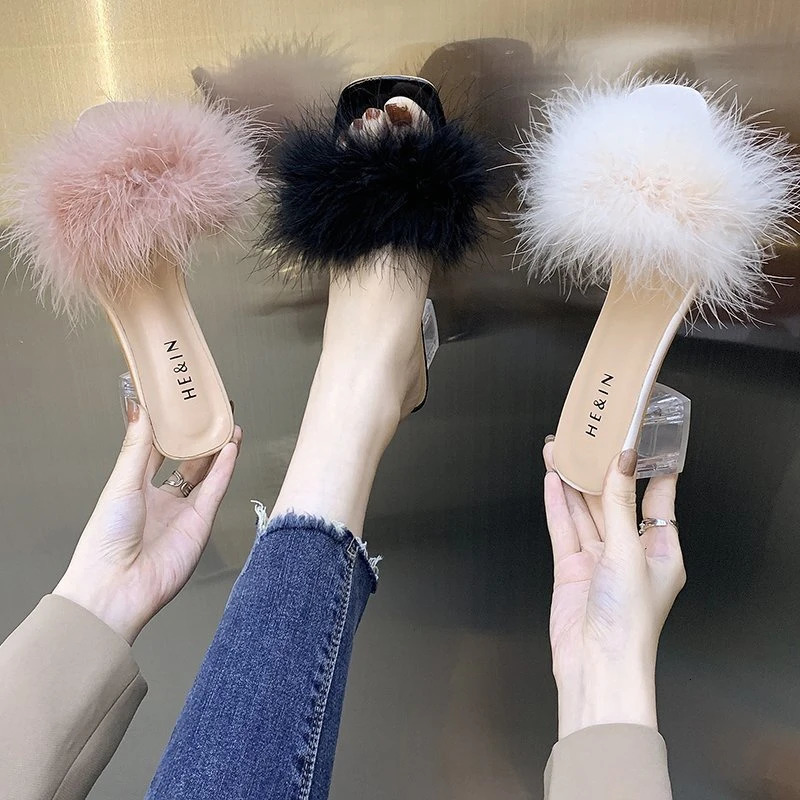 Fashion Slippers Womens Summer Open Toe Plush Fox Fur Chunky with Flip Flops Sexy Home Banquet Square Toe Simple Pumps 250814
