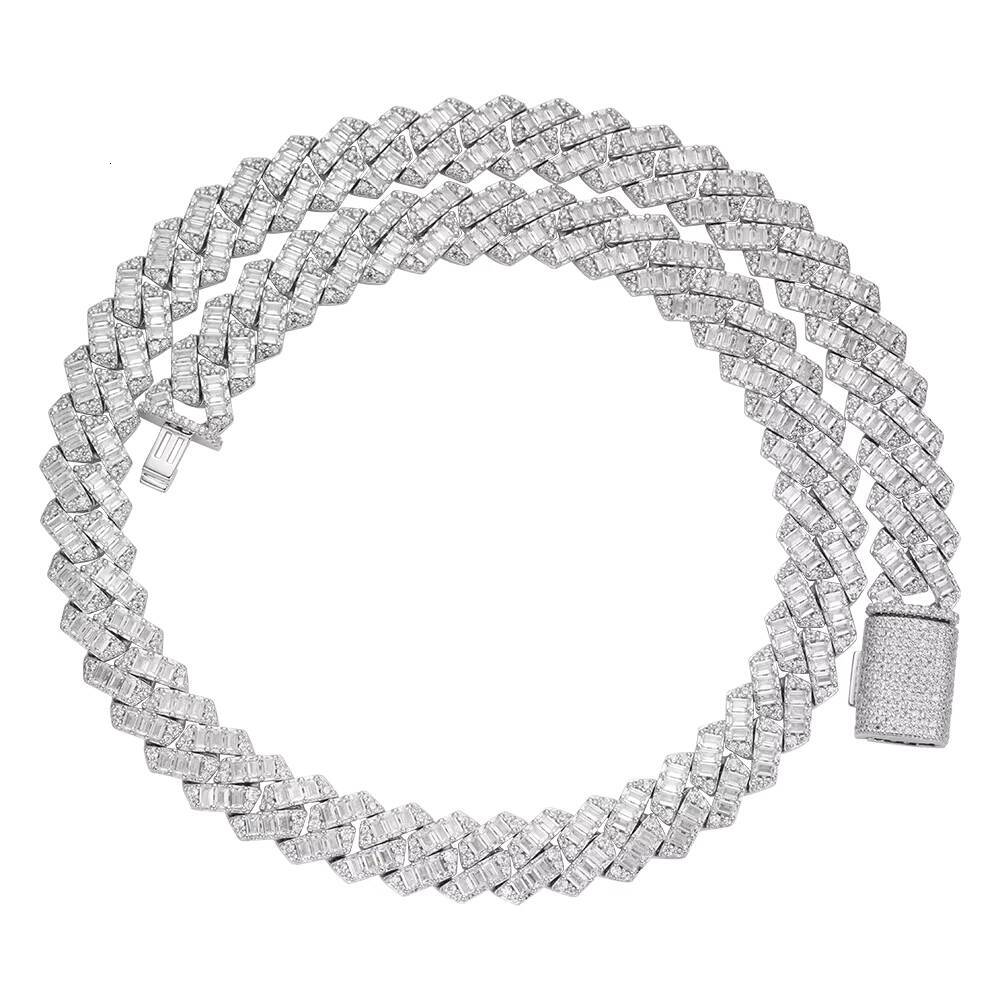Wholesale Custom Mens 14mm Width 925 Silver Double Row Hand Setting Miami Zircon Cuban Necklace