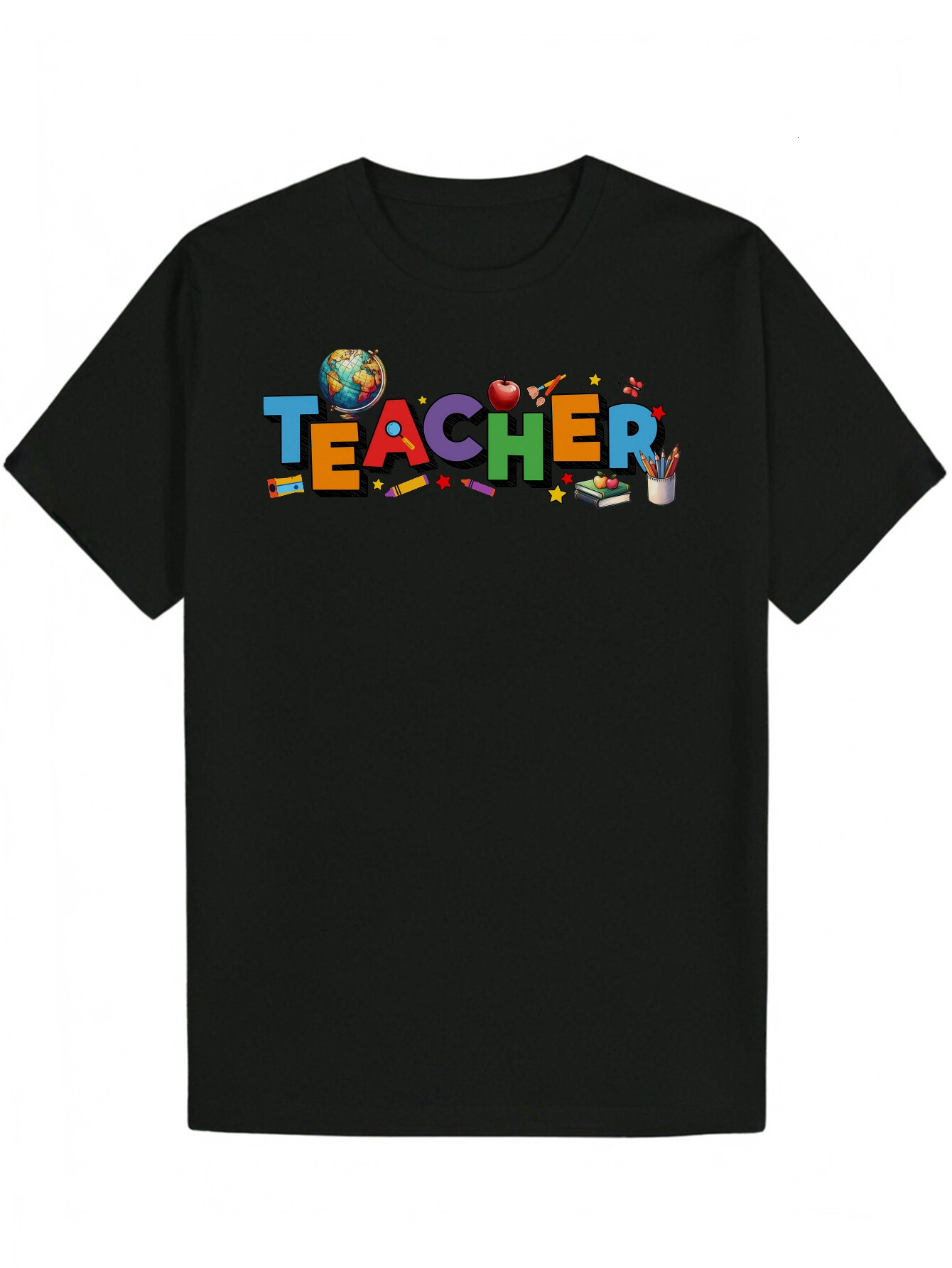 Men's Summer Round Neck Polyester with Colorful 'Teacher' Letter Print, Regular Fit, Short Sleeve, Breathable Fabric, Suitable for Casu