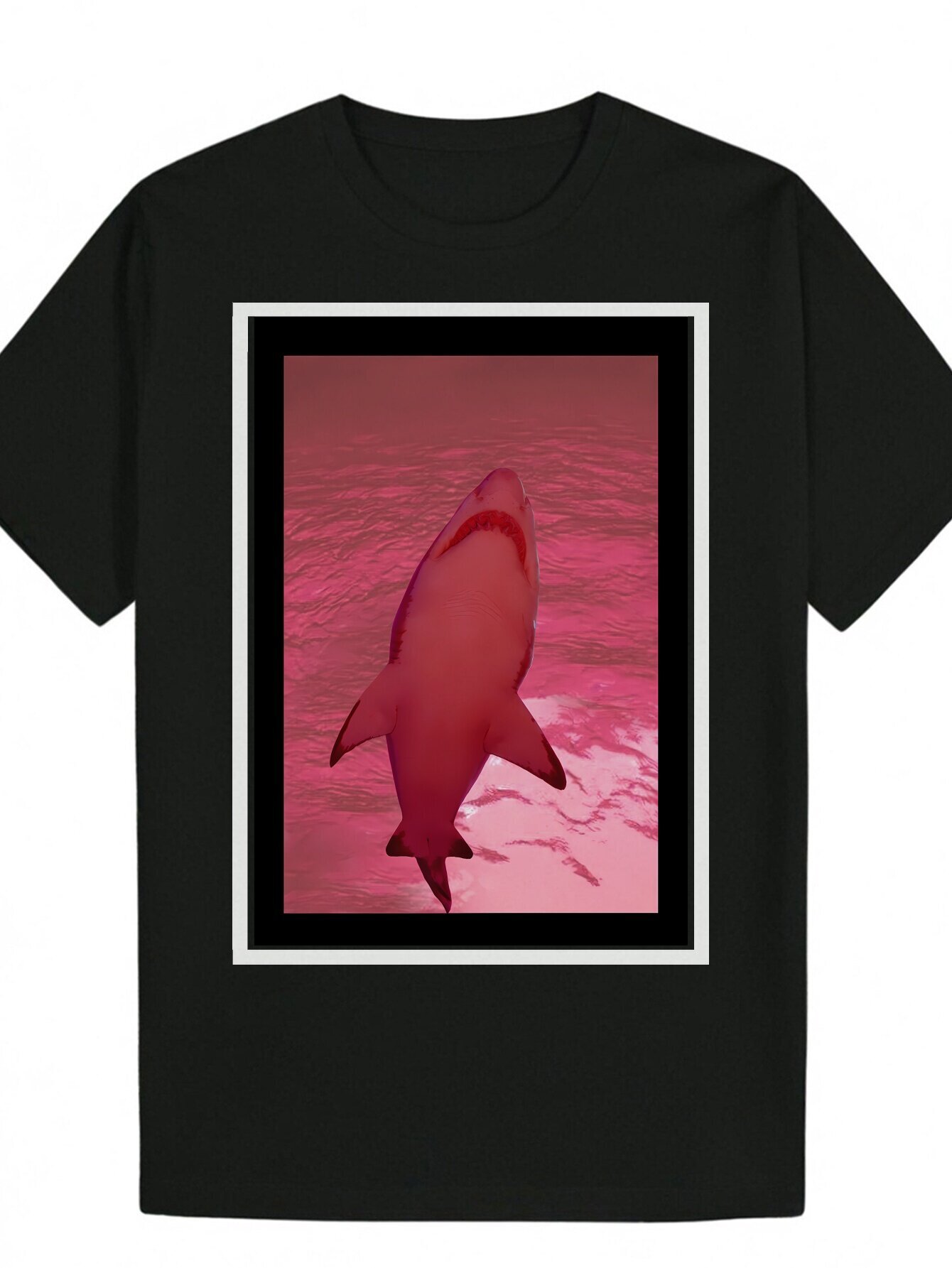 Men's - Fin Design, Red Black Polyester Round Neck with Print, Lightweight and Breathable, Suitable for Casual Wear, Summer T-Shirt Shark Pattern