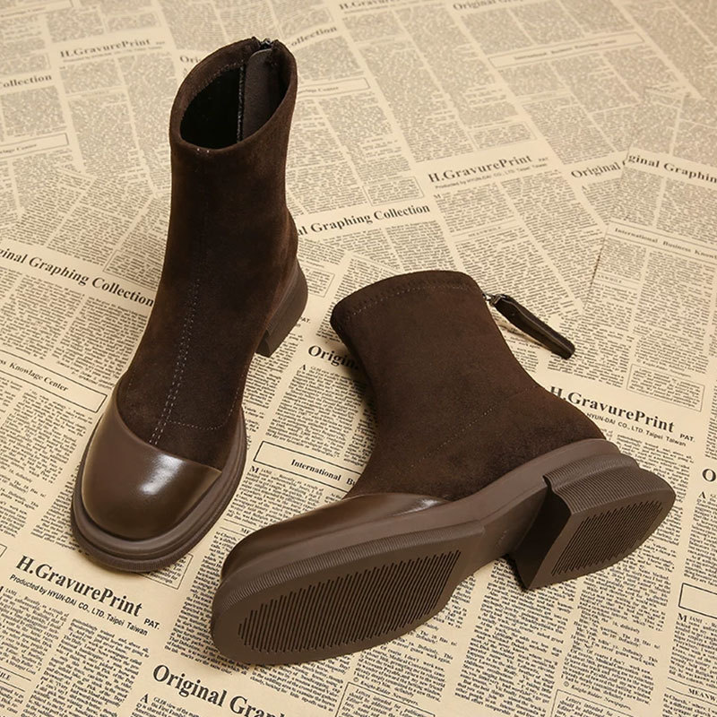 Vintage style Martin boots female leg long zipper skinny boots plus cotton boots brown thick soles small short boots