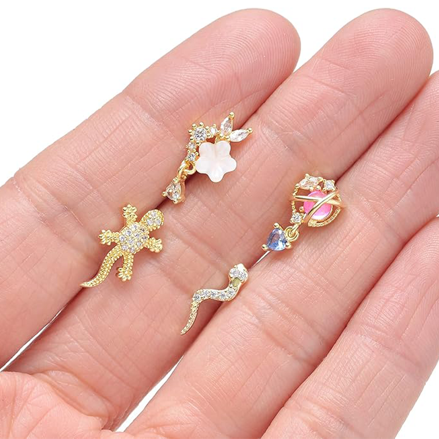 12Pcs Nose Ring Nose Stud L Shaped Snake Butterfly CZ Flower Moon Lizard Dangle Nose Rings Stud for Women Men Gold Tone 20G