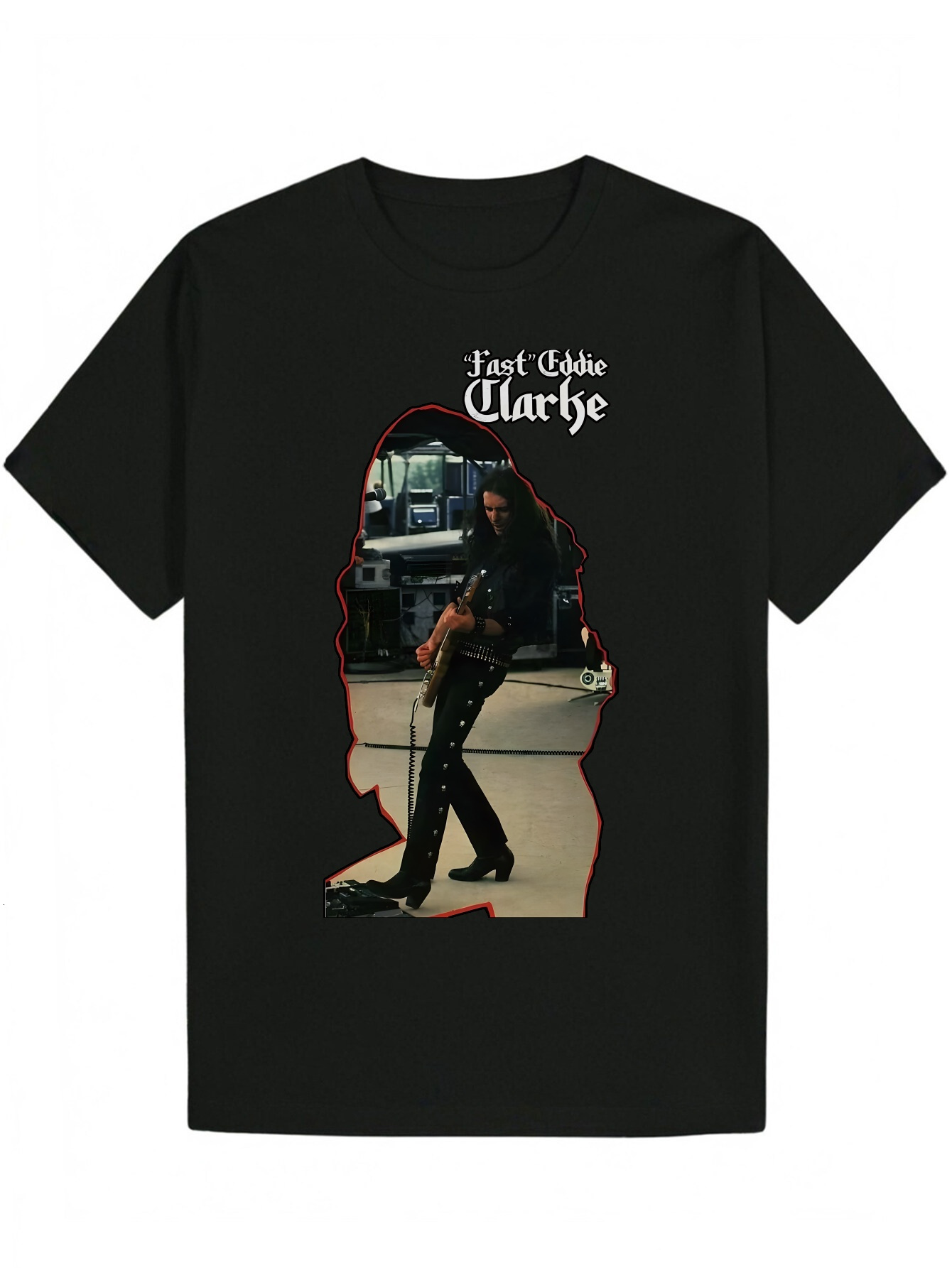 Men's Crew Neck - Fast Eddie Clarke Porait Design, Black Polyester with Red Stroke Details, Lightweight and Breathable, Suitable for Casual Wear,