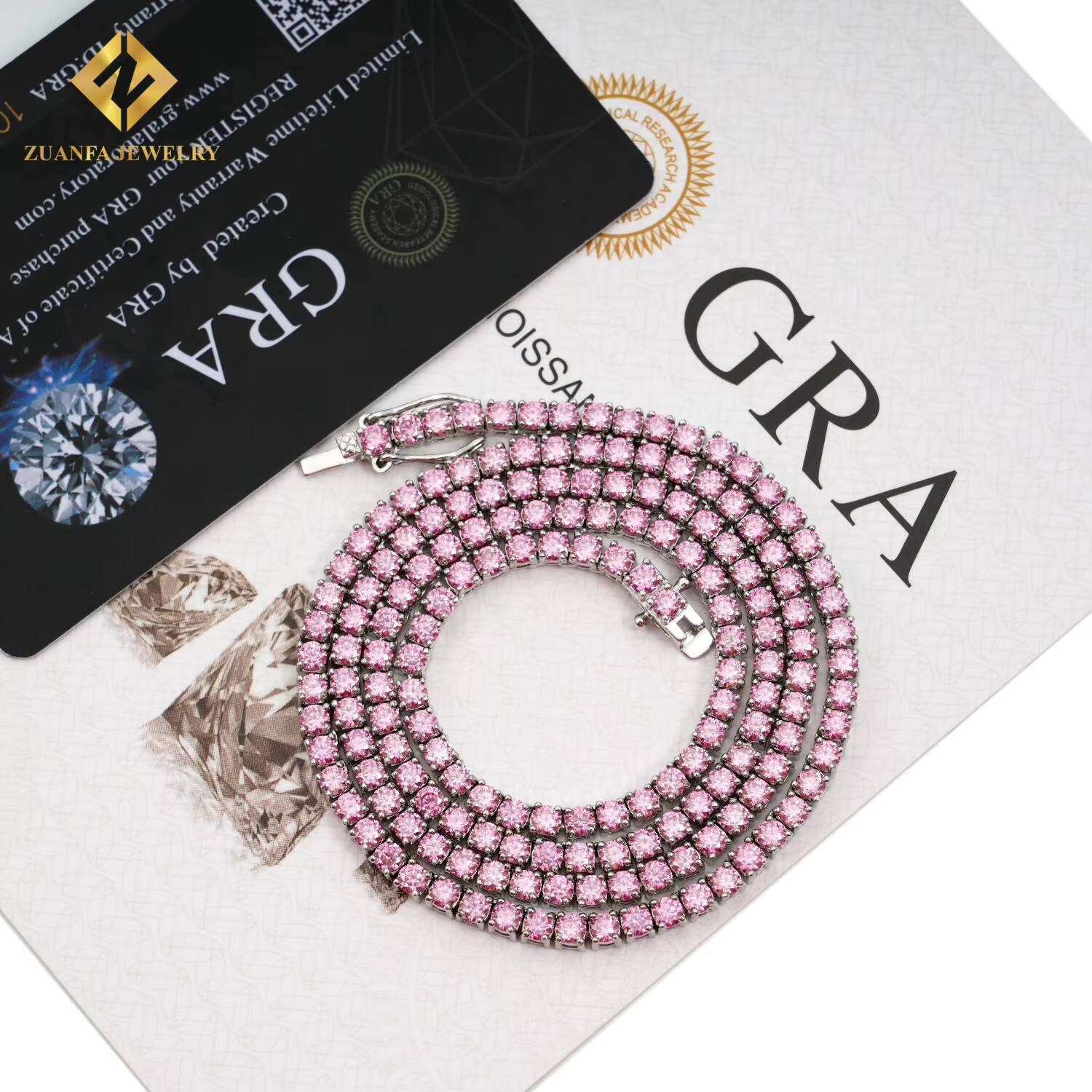 Wholesale Jewelry New Colored Iced Out Vvs Moissanite Diamond 3mm 4mm 925 Silver Pink Tennis Chain Necklace Bracelet