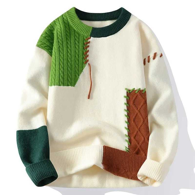 Men Knitted Jumpers Patchwork Sweater O Neck Pullovers Spliced Long Sleeve Jumper Slight Stretch Standard Wool 2024 Casual XJ250805