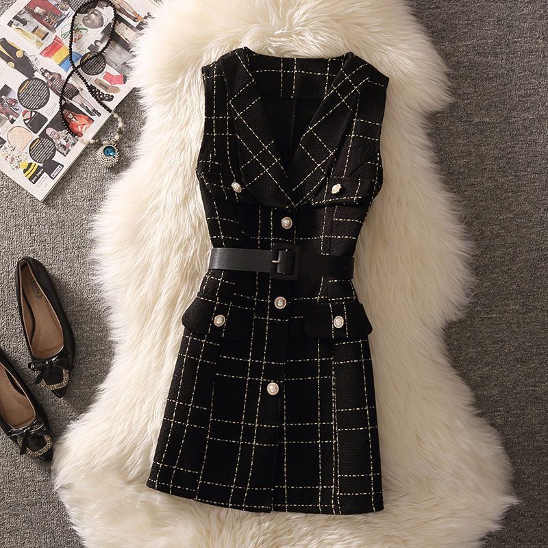 Elegant Plaid Tweed Ruffle Hem Sleeveless Dresses Women Autumn Winter Notched Collar Office Ladies Belt Mini Dress 210510
