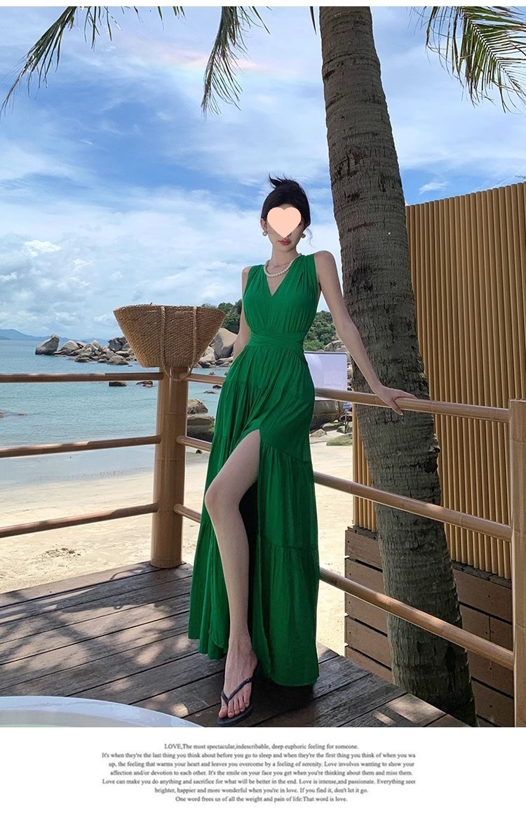 French red V-neck lace up camisole dress for summer 2025, suitable for women's beach vacations, sexy backless, trend split slim fit long dress, n