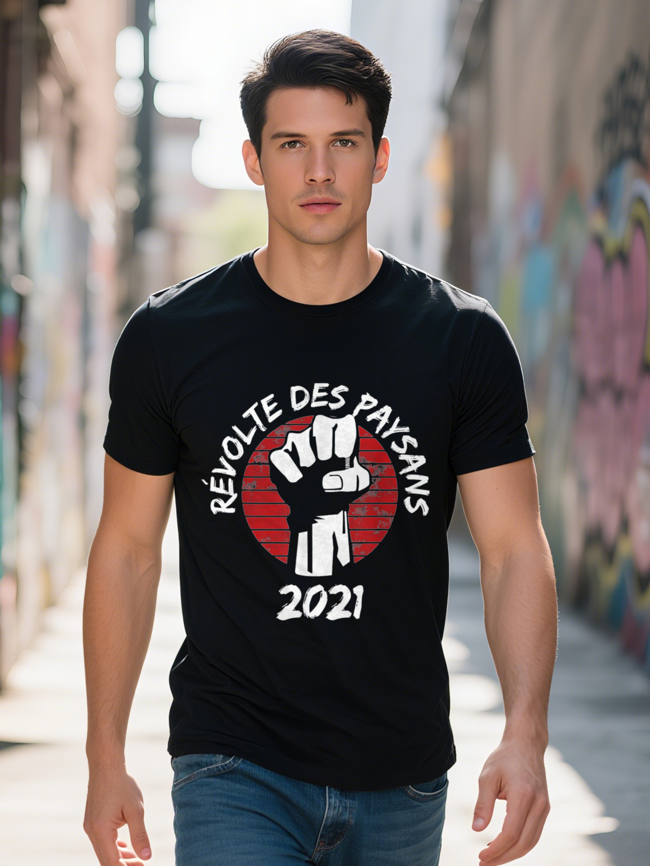 Men's 220g 100% - Black Anarchist Pattern T-Shirt, Rebellious 2021 Fist Design, Short Sleeve Machine Washable Regular Fit, Everyday Cotton Casual