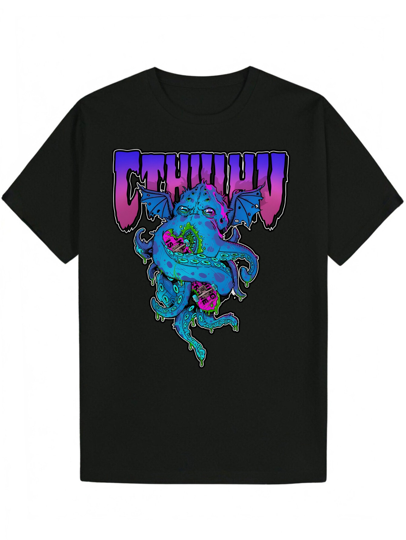 Men's Summer Casual Round Neck Polyester T-Shirt with Vibrant Octopus Monster Pattern - Black, Machine Washable, Eye-catching 'CHTHULU'