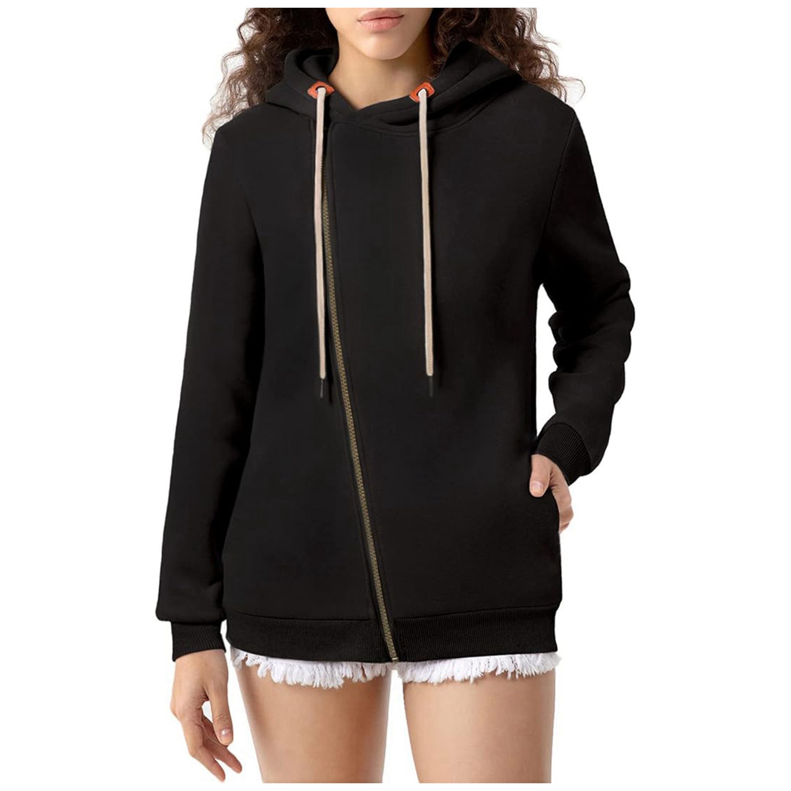 New Women's Pocket Hoodie Women's Solid Color Zipper Hoodie