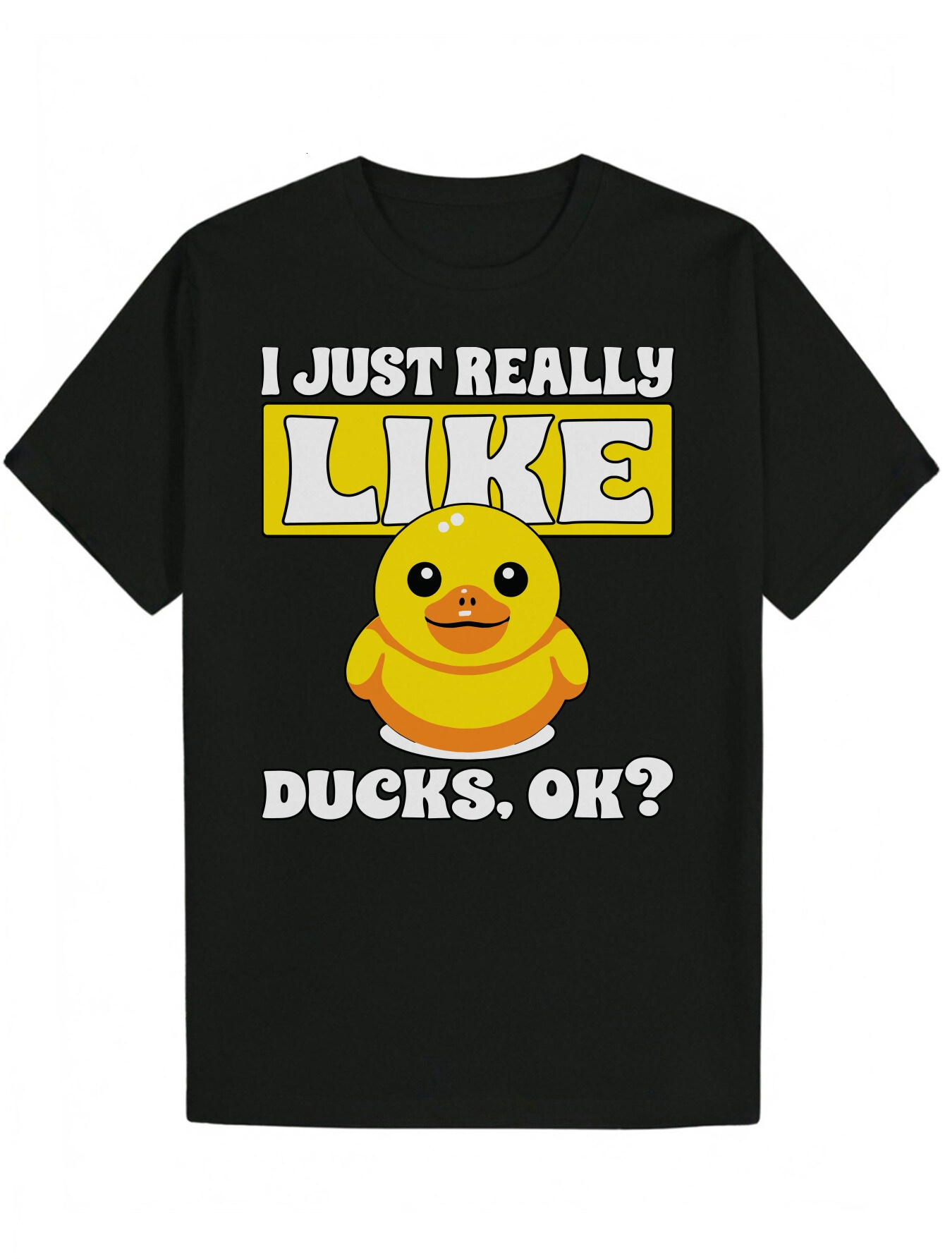 Men's - Round Neck, Polyester Fiber, "I Really Like Ducks" Pattern, Short Sleeve, Regular Fit, Black with Yellow Duck Design, Summer Ca