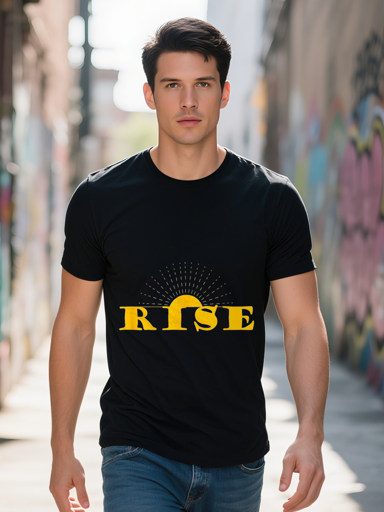 Men's 220g 100% Cotton T-Shirt - Black Inspirational Sunrise Pattern Short Sleeve Shirt, Inspired Design Casual Clothing, Everyday T-Shirt, Regul