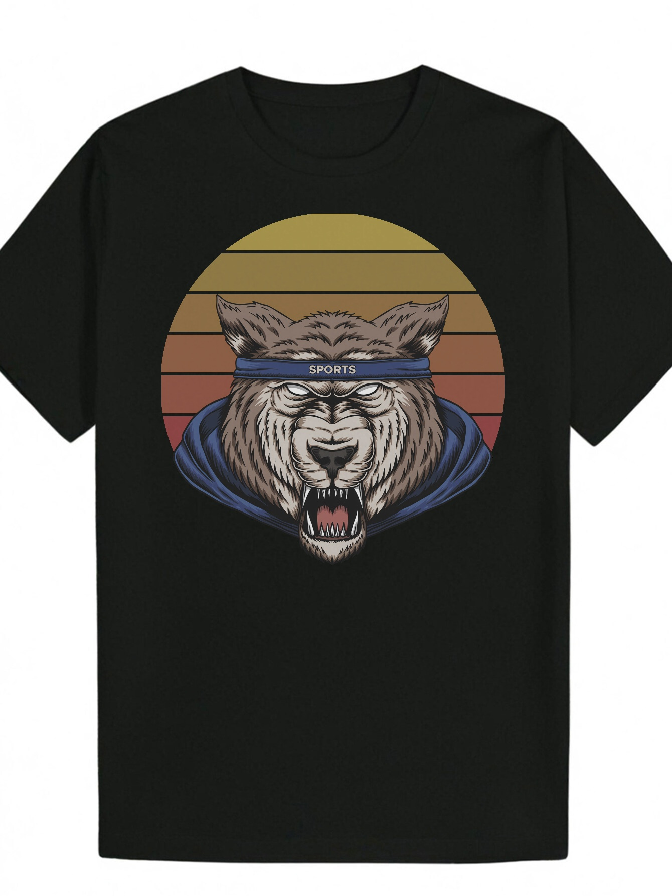 Men's Summer Round Neck Polyester Pattern - Black, with Roaring Wolf Design, Breathable and Comfortable, Suitable for Casual Wear, Everyday T-Shi