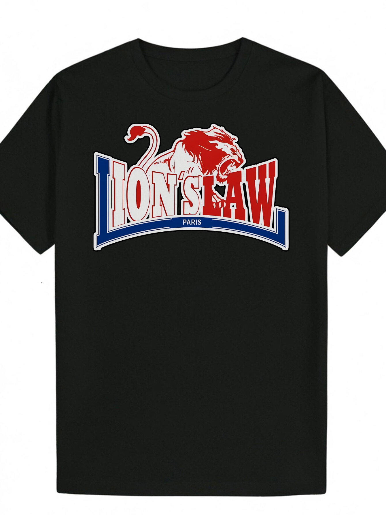 Men's Lion Chin Pattern - Black Summer with Red and Blue Animal Print, Neck, Short Sleeve, Fabric, Casual Wear Round Neck T-Shirt | Polyester Shi