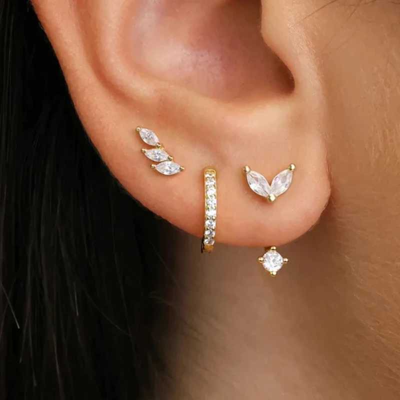 3PCS Stainless Steel Gold Color Circle Hoop Earrings Set for Women Simple Zircon Flower Stud Earring Cartilage Piercing Jewelry Y250804