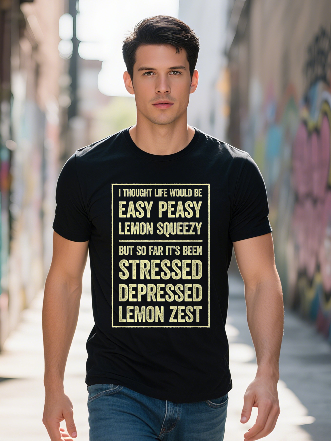 Men's Funny Lemon Peel Graphic T-Shirt - 100% Cotton, Black with Yellow Typography Print, Casual Short Sleeve Tee, Relaxation and Humor eabcf