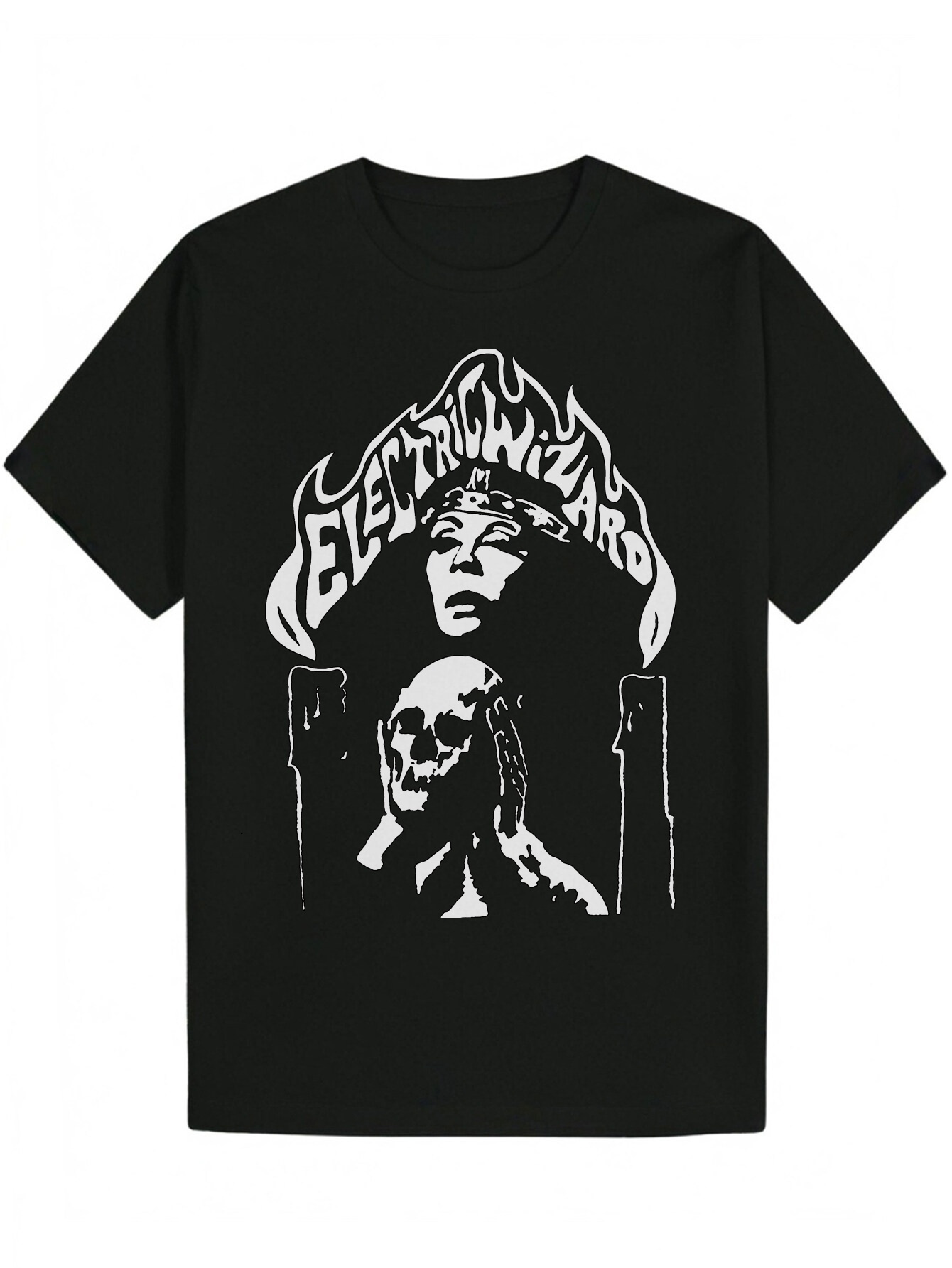Men's Electric Wizard T-Shirt - Black T-Shirt, Skull and Psychedelic Pattern, Polyester Crew Neck, Suitable for Wear, Summer Casual Wear Pattern 