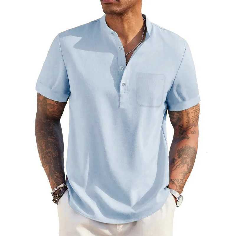 Summer Mens Cotton Linen T-Shirt Henley Neck Pocket Casual Lightweight Breathable Beach Shirt Solid Color Basic Style Tops W250805
