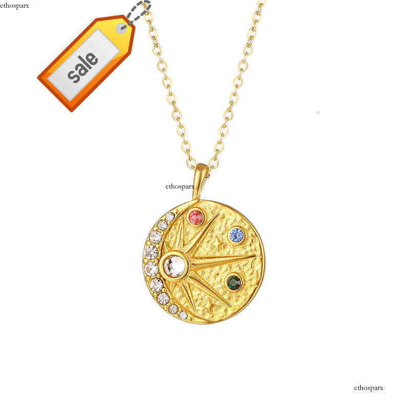 18K Gold Plated Stainless Steel Colorful VVS Moissanite Pendant North Star Sun moon relief hammer inlaid color VVS Moissanite round Necklace