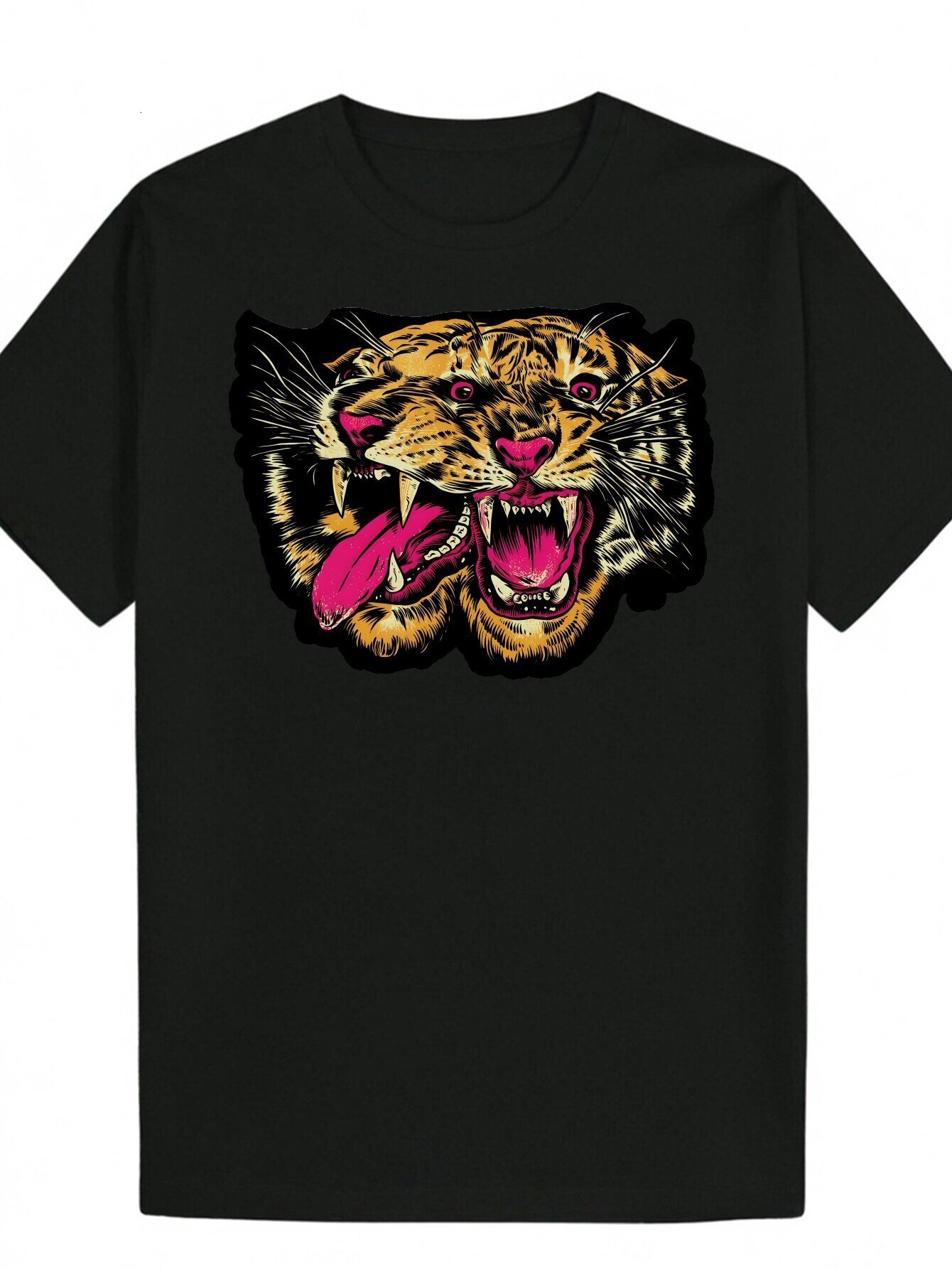 Men's Style Black with Roaring Tiger Pattern Summer Casual Polyester Short Sleeve Round Neck T-Shirt - Machine Washable, Ideal Gift for Him e4109