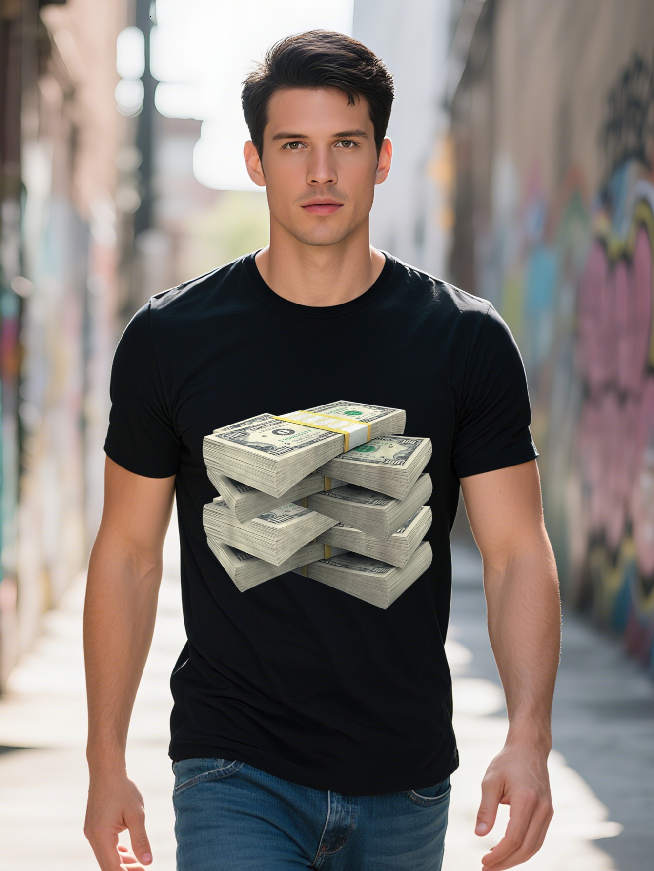 Men's 100% Cotton T-Shirt Fun 'Stack of Money' Entrepreneur Graphic T-Shirt, Dollar Design, Casual Crew Neck, Short Sleeve, Machine Was