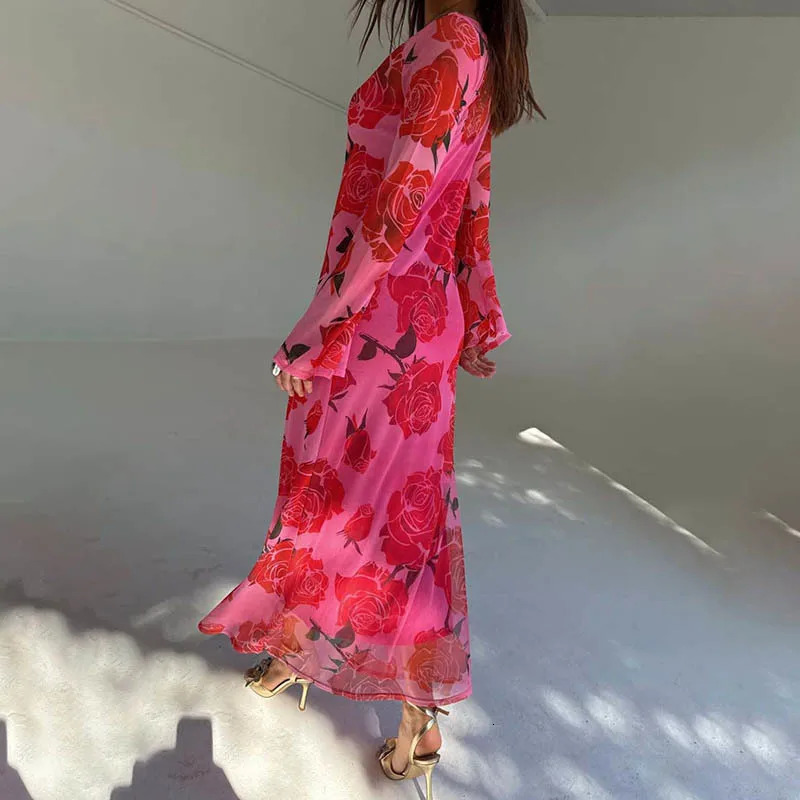 Blifanbo Print Flower Elegant Maxi Dress Women O Neck Fashion Long Sleeve Slim Sexy Print Patchwork Female Holiday Long Dress 250728