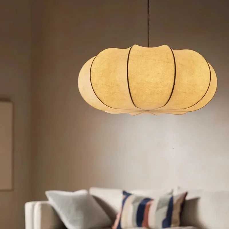 French Silk Pendant Light Creative Art Pumpkin Shaped Zen White Lamp For Living Room Study Cafe Restaurant Master Bedroom Light XJ250804