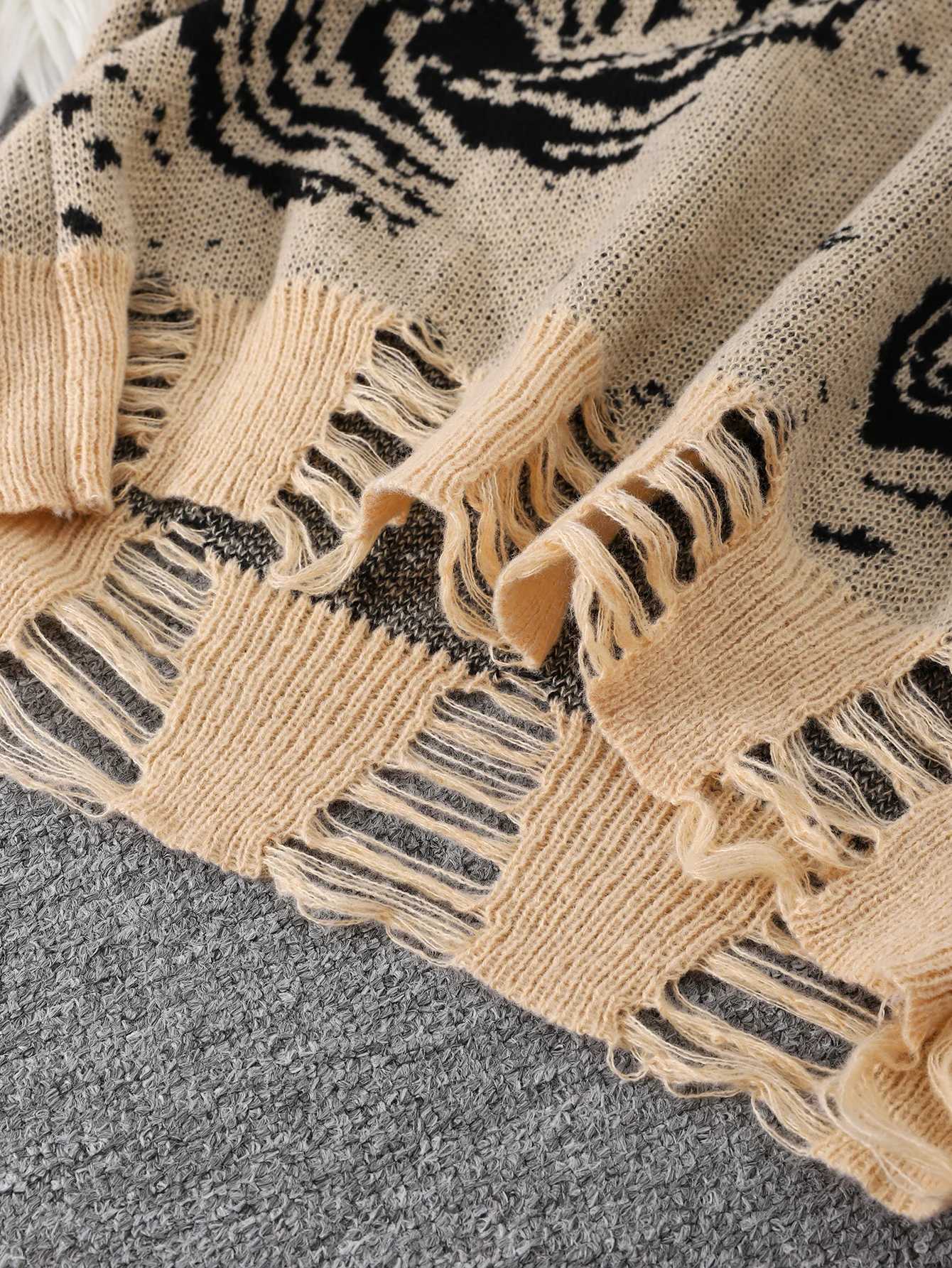 New Popular Street Ripped Abstract Starry Sky Pattern Pullover Ripped Sweater Casual Round Neck Knitted Mens Pullover XJ250805