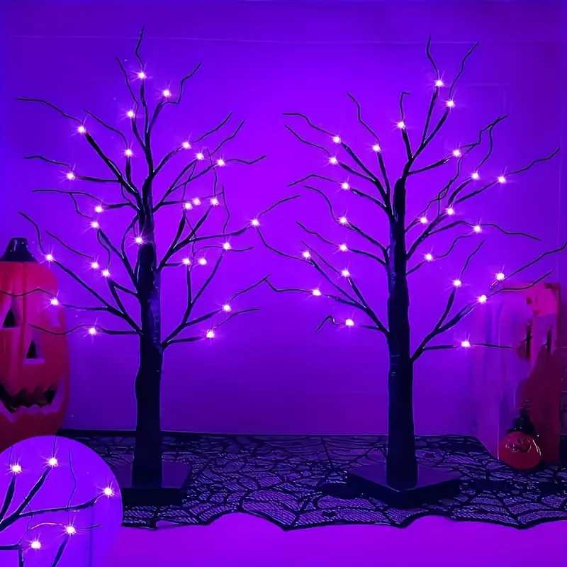 Halloween birch tree light orange purple 24 LED black branch tree string light USB/battery powered desktop holiday decoration XJ250804