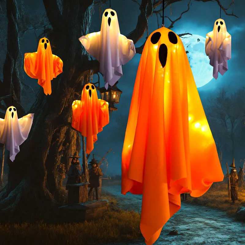 1PC Halloween Ghost LED White Ghost Hanging Light Ghosts Horror Props for Halloween Party White Flying Ghosts Haunted House DecorXJ250804