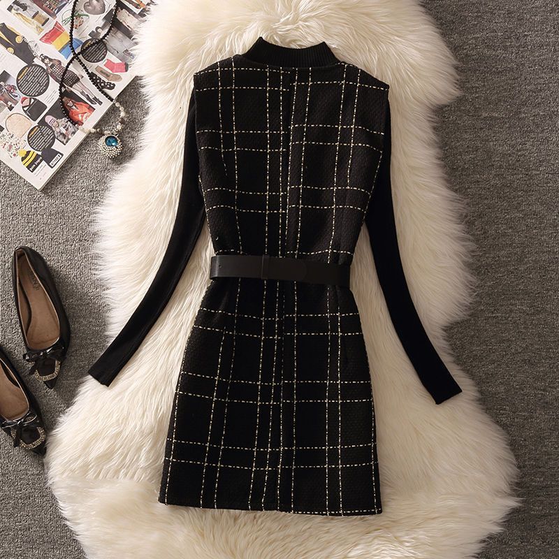 Elegant Plaid Tweed Ruffle Hem Sleeveless Dresses Women Autumn Winter Notched Collar Office Ladies Belt Mini Dress 210510