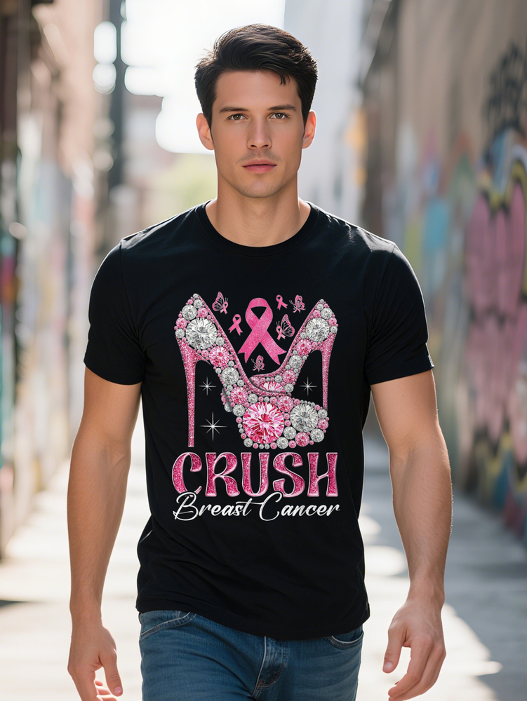 Men's Awareness T-Shirt 100% Cotton, 220g, Pink Ribbon and Sparkling High Heels Design, Short Sleeve, Crew Neck, Machine Washable - Casual for Al