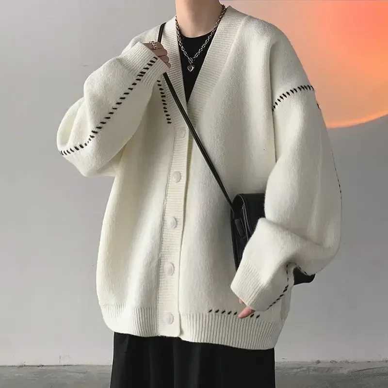 Man Clothes Coat White Knitted Sweaters for Men Japanese Retro Jacket Cardigan Patchwork S 90s Vintage Knitwears Korean Style X XJ250805