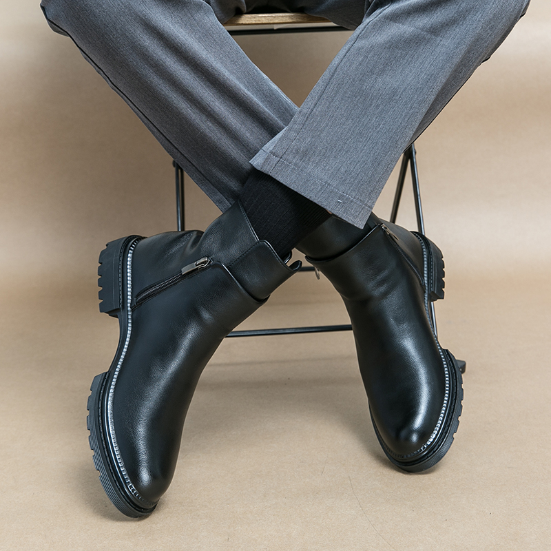 98312- New Fashion Trendy Men's Pointed Short Tube Leather Boots Korean Edition Interior Height Increase Stage Show Chelsea Boots Outdoor