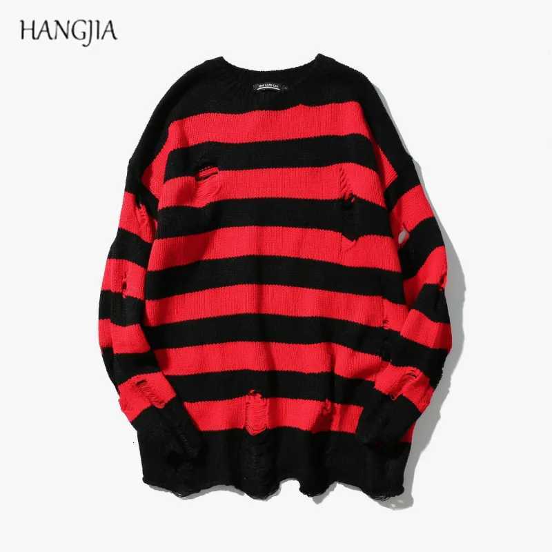Mens Black Red Striped Oversized Sweater Washed Ripped Hole Knit Jumpers Unisex Harajuku Style Casual Comfortable Sweater XJ250805