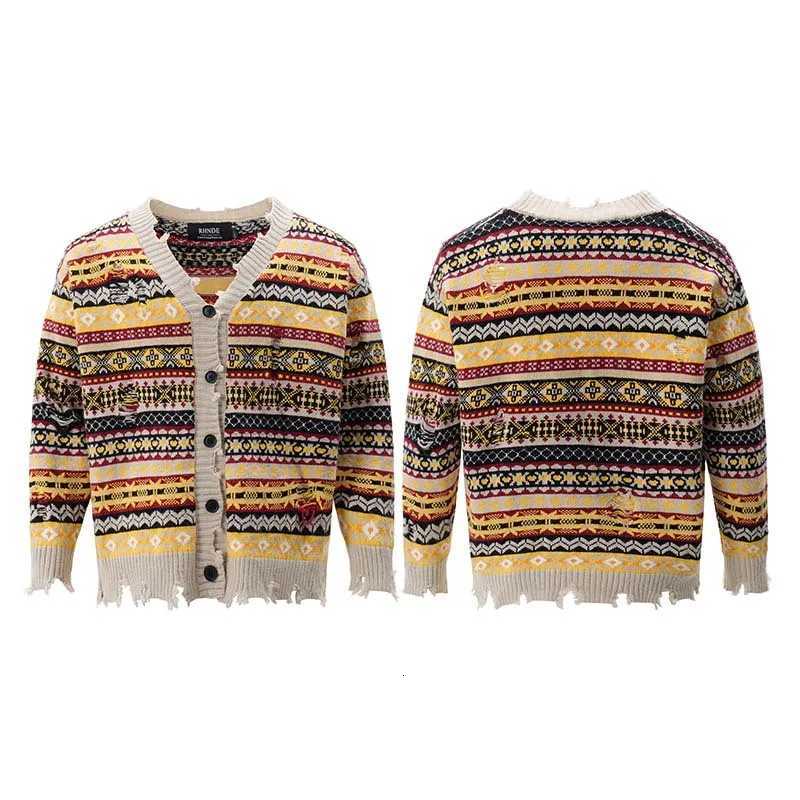 Retro Rainbow Striped Cardigan Sweater Mens Autumn New Trendy Su Outwear Y2k Knitwears Oversize Raw Edges Frayed Sweatercoat XJ250805